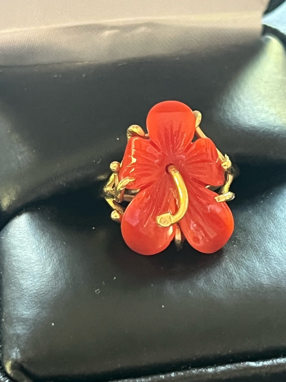 14K Gold/Red Coral Hibiscus Ring and Earring set. - Picture 2 of 5